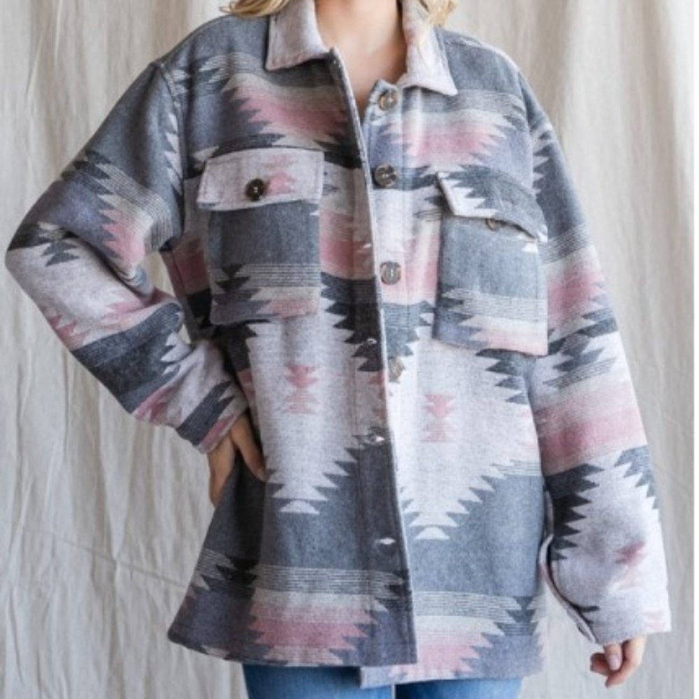 Oversized Jacket Shacket with Pockets Size Large Gray Blue multi New - Picture 14 of 15